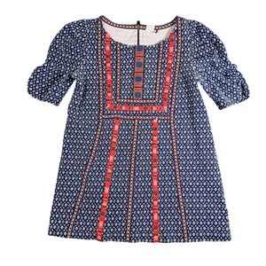 Akemi + Kin Anthropologie Blue Geometric Embroidered Boho Tunic Top Large